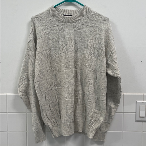 Vintage 1990s Salmon River Mens M Grandpa Sweater Tan/Grayish 3-D geometric knit - Picture 1 of 7
